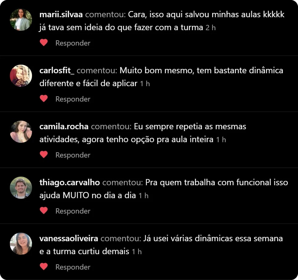 Comentários de professores elogiando as dinâmicas