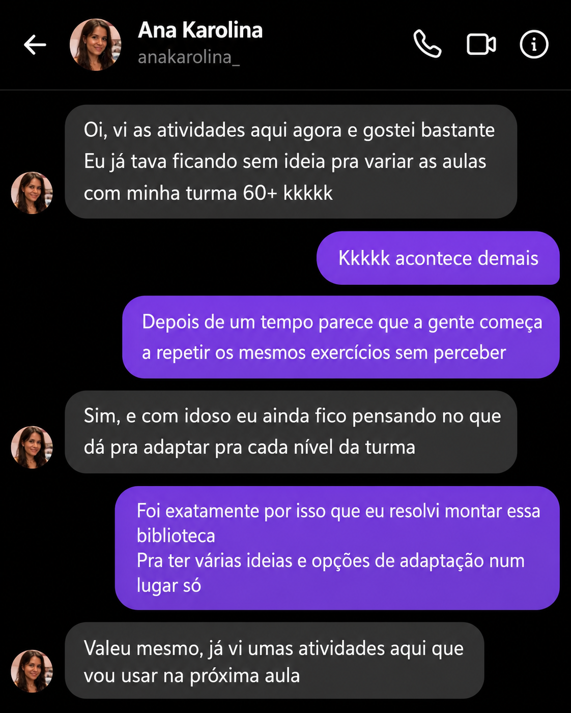 Conversa com professora sobre variar as aulas da turma 60+
