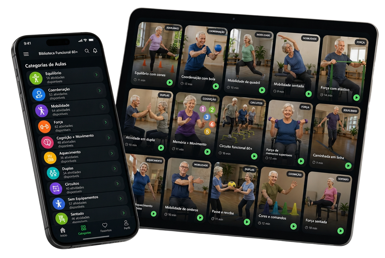 App Biblioteca Funcional 60+ no celular e no tablet com categorias e vídeos de aulas