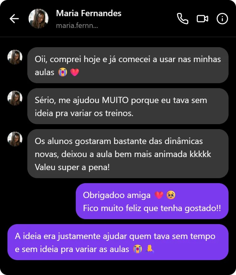 Mensagem de aluna que já usou as dinâmicas nas aulas