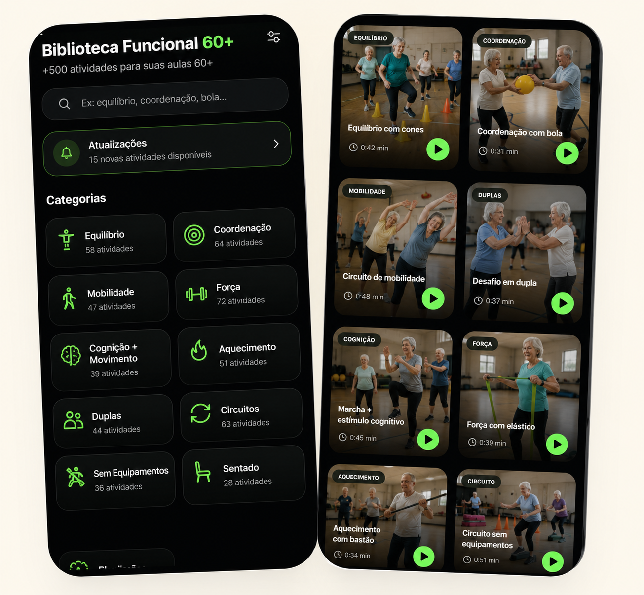 Preview do app Biblioteca Funcional 60+ com categorias e vídeos de atividades
